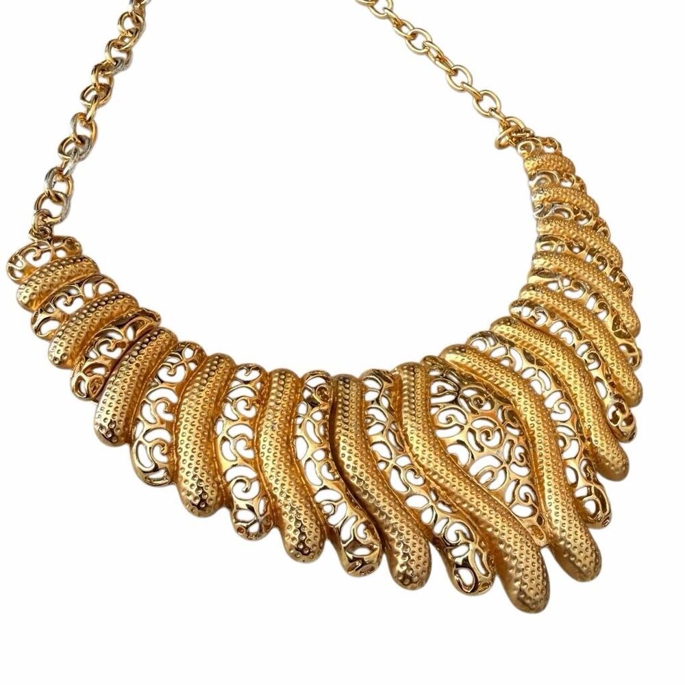 Gold Tone Filigree Statement Bib Necklace Textured Fringe Collar - Picture 6 of 8
